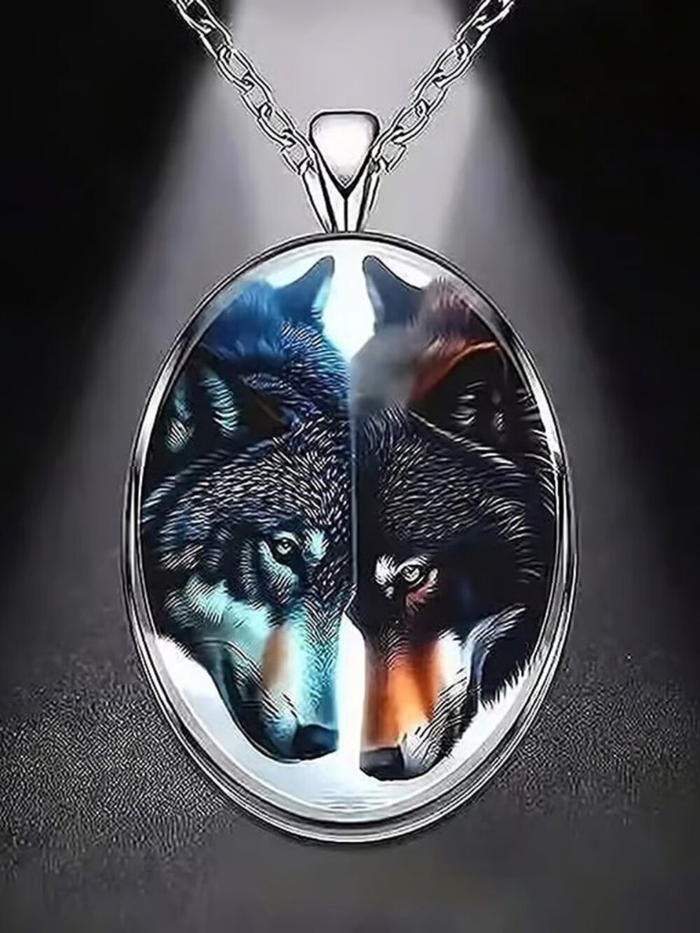 Silver Oval Shaped WOLF Pendant Necklace